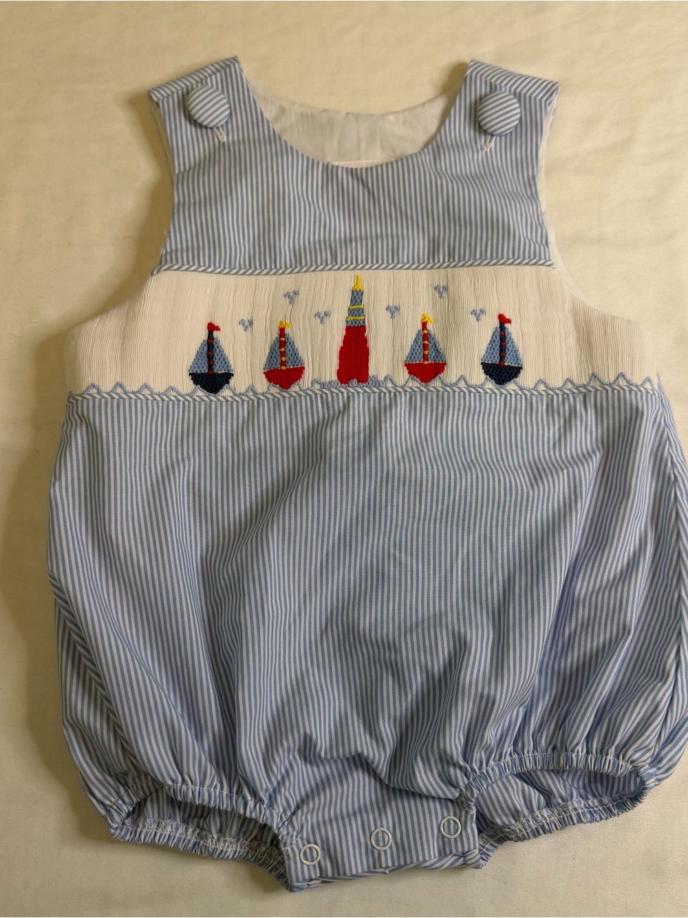 Stitchy Fish Boutique Style Smocked Sailboat Bubble Romper Blue Size 12 Months